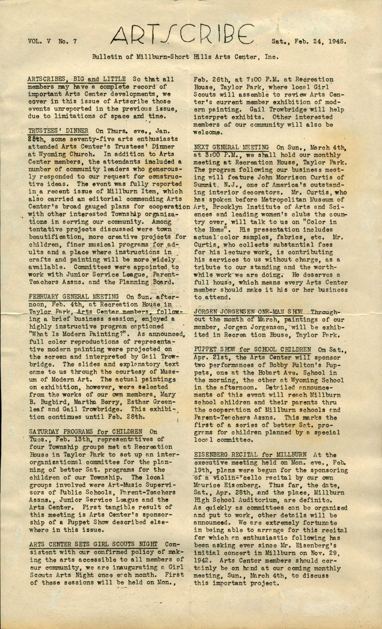          Millburn Art Center: Artscribe Newsletters, 1945 picture number 1
   