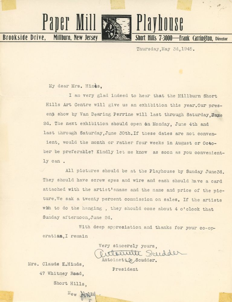          Millburn Art Center: Antoinette Scudder Exhibition Letter, 1945 picture number 1
   