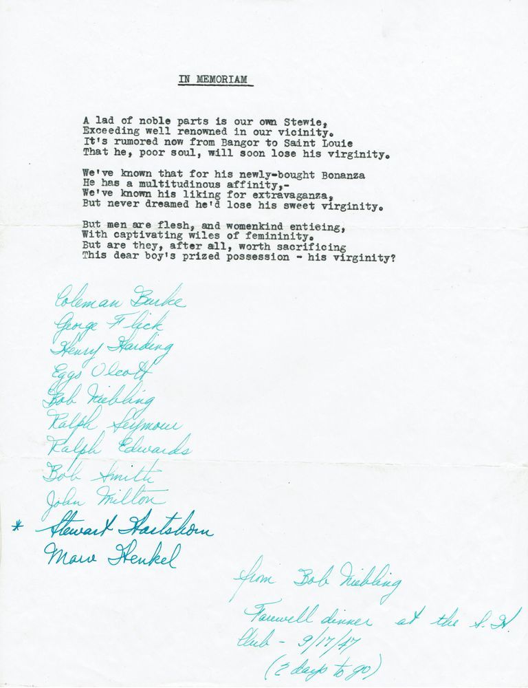          Hartshorn: Stewart Henry Hartshorn III Bachelor Dinner Poem, 1947 picture number 1
   