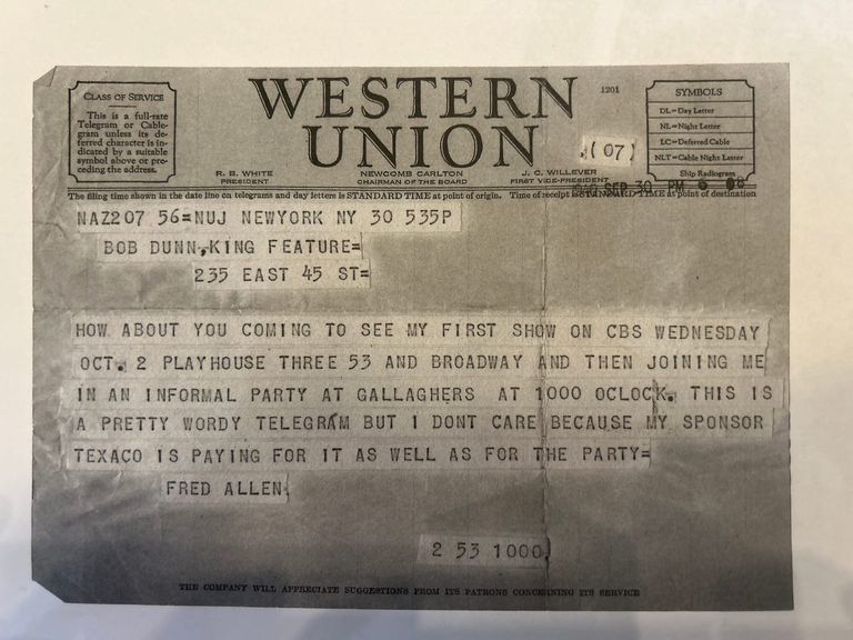          Dunn: Fred Allen Telegram to Bob Dunn, 1940 picture number 1
   