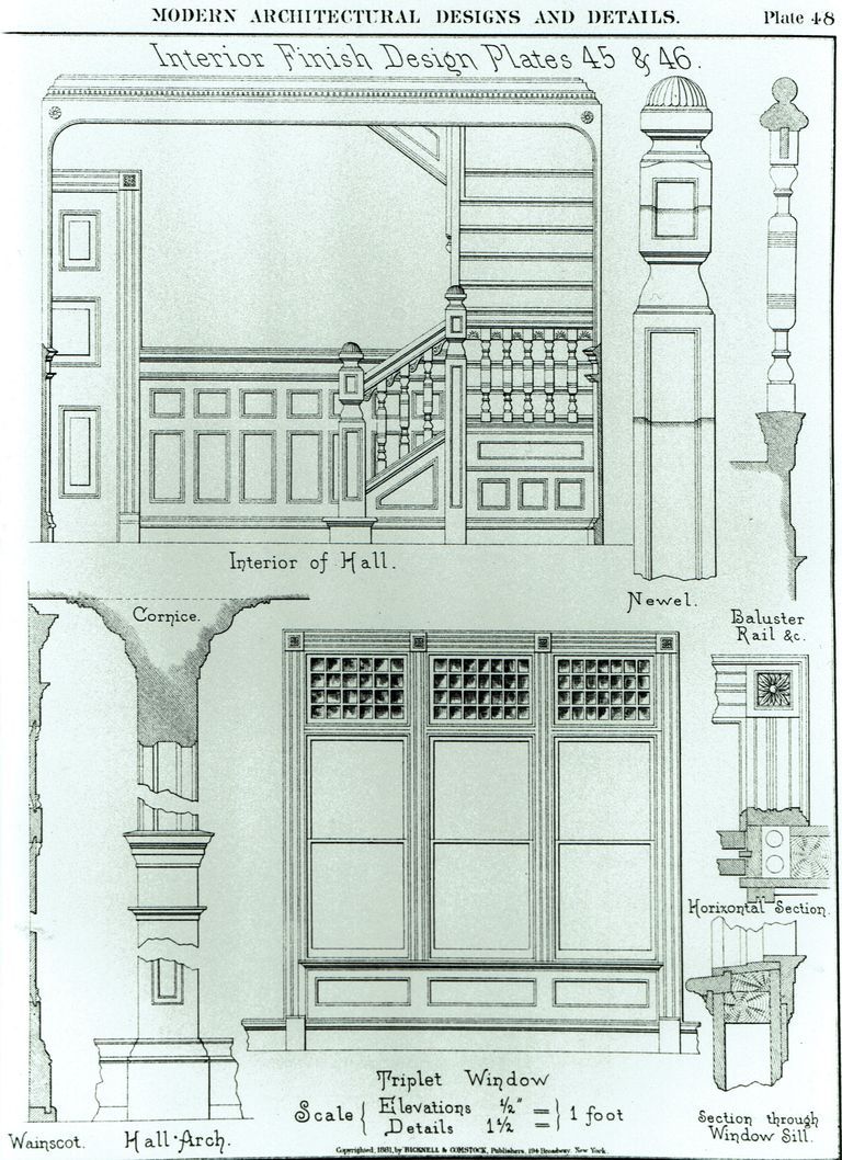          Interior Finish Designs from 1881 Bicknell and Comstock Pattern Book; Architects: Lamb & Wheeler. Queen Anne Style.
   