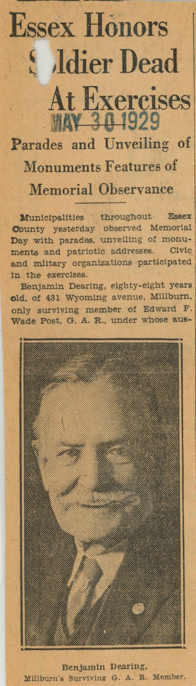          Dearing: Benjamin Dearing at Memorial Day Exercises for Civil War Vets, 1929 picture number 1
   