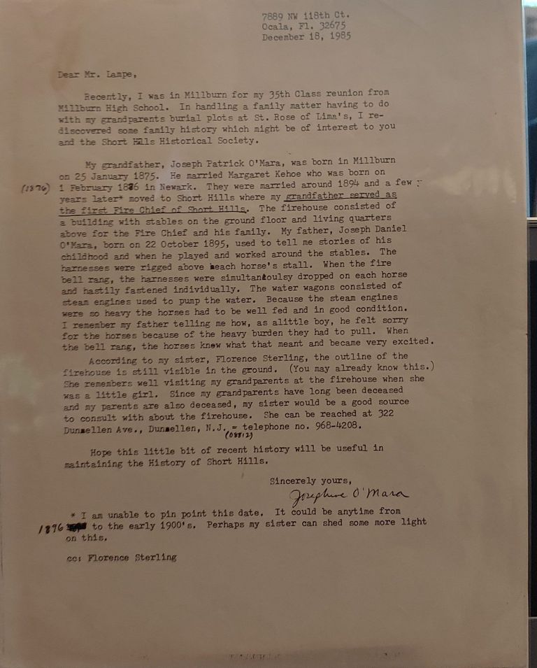         Fire Department: Letter from Josephine O' Mana regarding her grandfather, Joseph Patrick O' Mara picture number 1
   