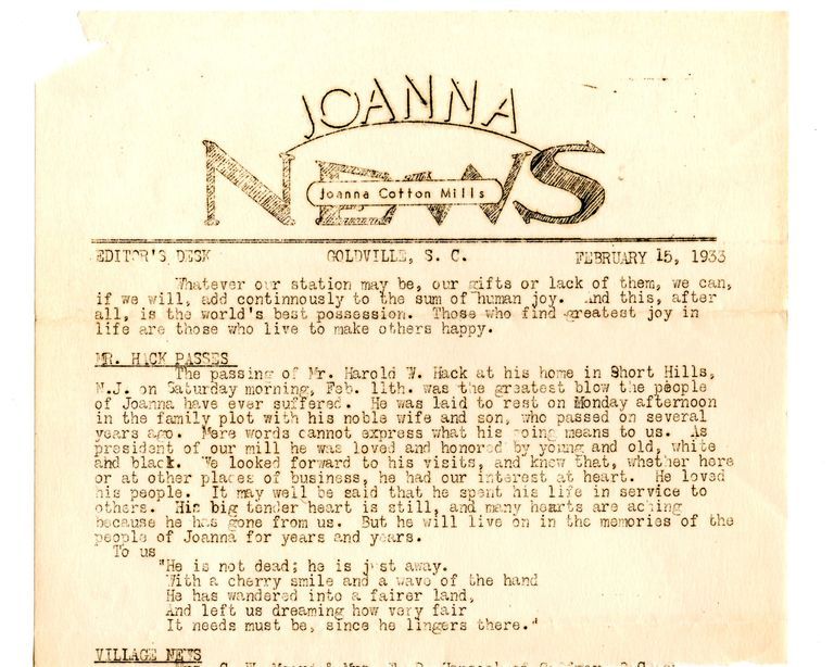          Hack: Harold Hack Obituary, Joanna Cotton Mills News, February 15, 1933 picture number 1
   