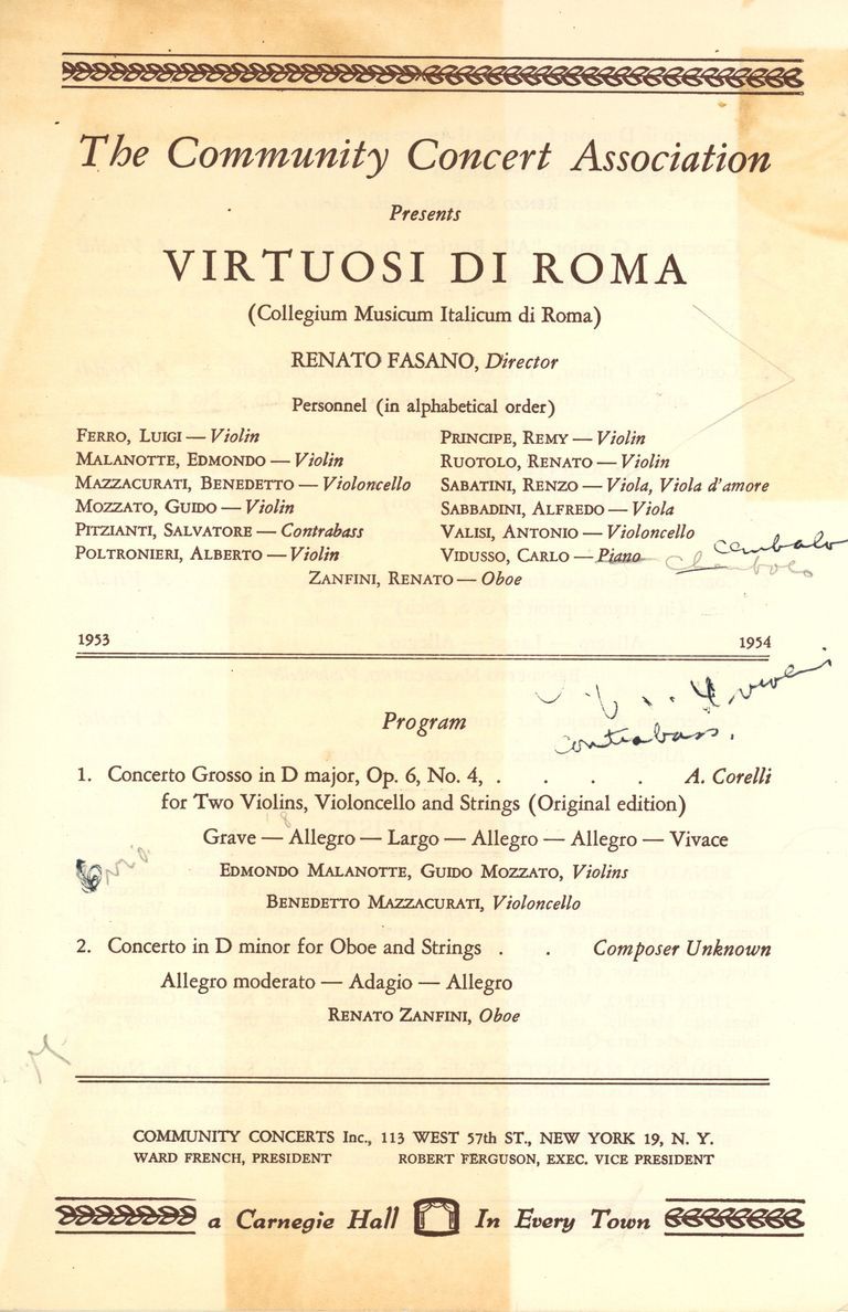          Community Concert Association: Virtuosi Di Roma Program and Article, 1953 picture number 1
   