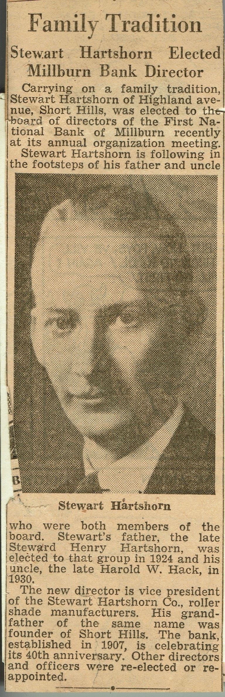          Hartshorn: Stewart Hartshorn III Bank of Millburn Director Article, 1947 picture number 1
   