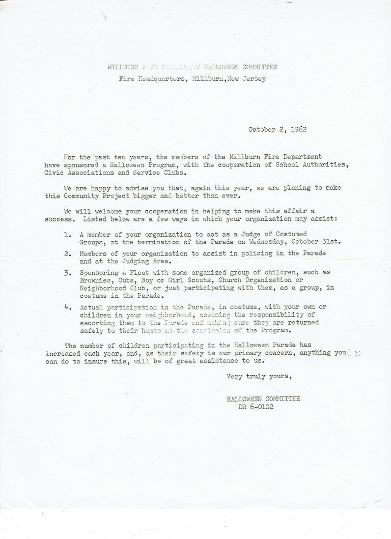          Halloween: Millburn Fire Department Halloween Parade Notice, 1962 picture number 1
   