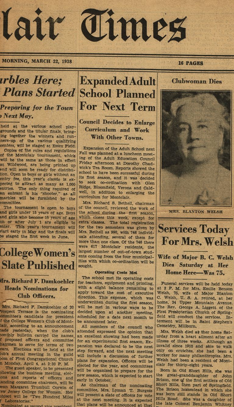          Brison: Emilie Benson Welsh Obituary Montclair Times, 1938 picture number 1
   