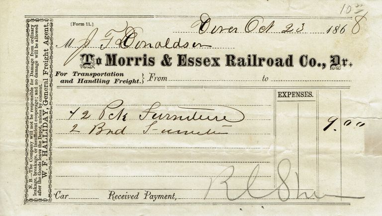          Morris & Essex Railroad Freight Receipt, 1868 picture number 1
   