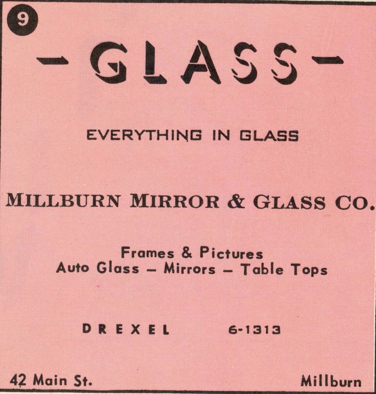          Millburn Mirror & Glass Co., 42 Main Street, 1955 picture number 1
   