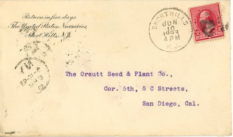          Pitcher and Manda: United States Nurseries Envelope to Orcutt Seed & Plant Company, 1893 picture number 1
   