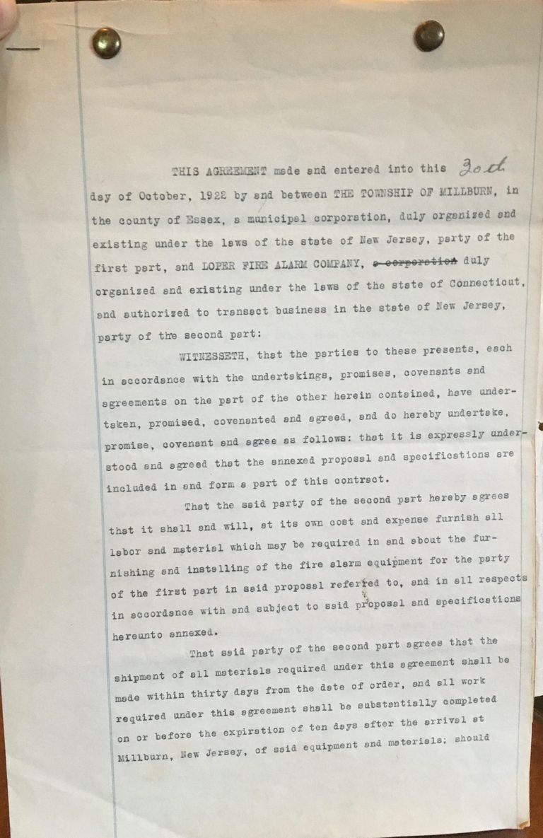          Fire Department: Contract between Township of Millburn and Loper Fire Alarm Co. on the Installation of Fire Alarms - 1922 picture number 1
   