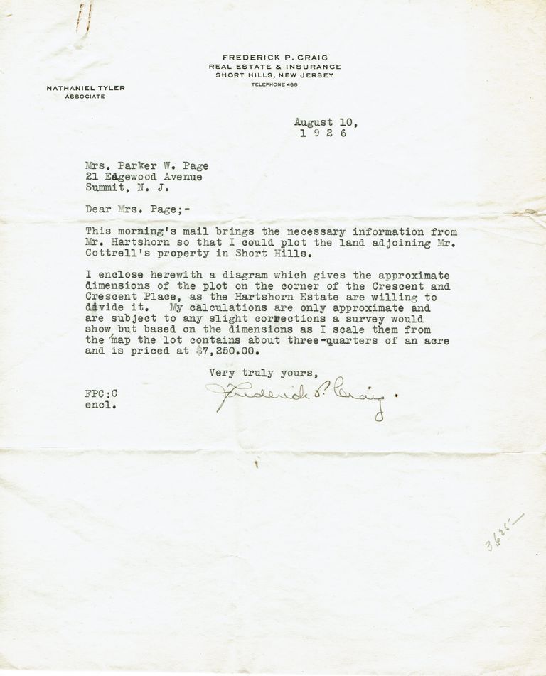          Hartshorn: Letter concerning plotting land on Crescent and Crescent Place, 1926 picture number 1
   