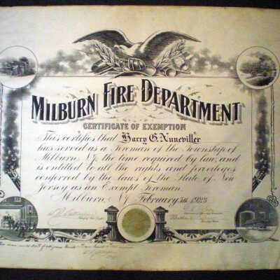          Fire Department: Harry Nuneviller Milburn Fire Department Certificate of Exemption, 1923 picture number 1
   