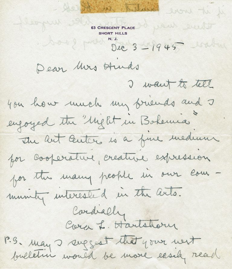         Hartshorn: Cora Hartshorn Night in Bohemia Letter to Mary Hinds, 1945 picture number 1
   