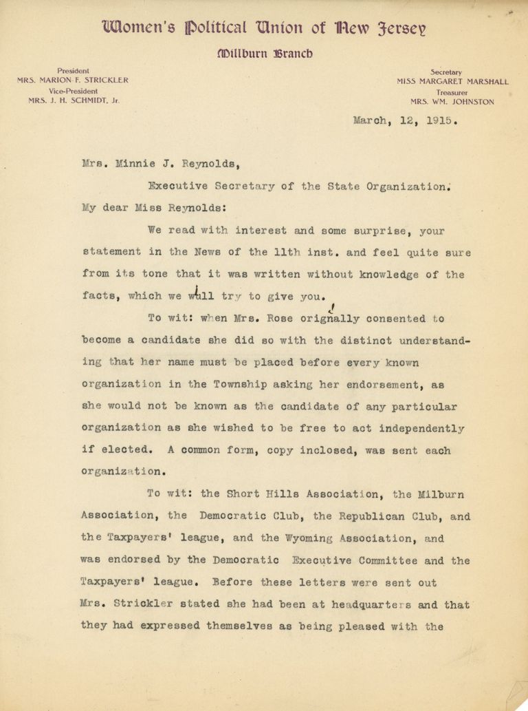          Millburn Women's Political Union: Margaret Marshall Letter to Minnie Reynolds, 1915 picture number 1
   