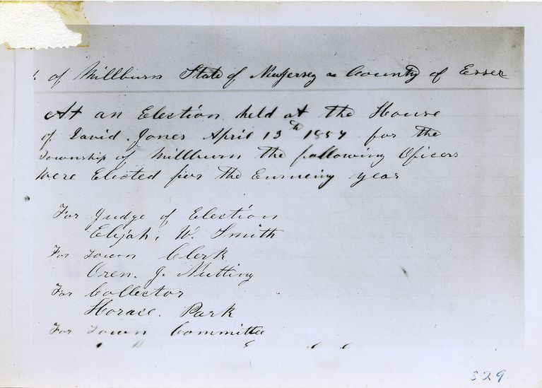          The Meeting was held at the home of David Jones. Officers elected for the following year were: Elijah W. Smith (Judge of Elections), Oren J. Nutting (Town Clerk), Horace Park (Collector).; Image Id # 329
   