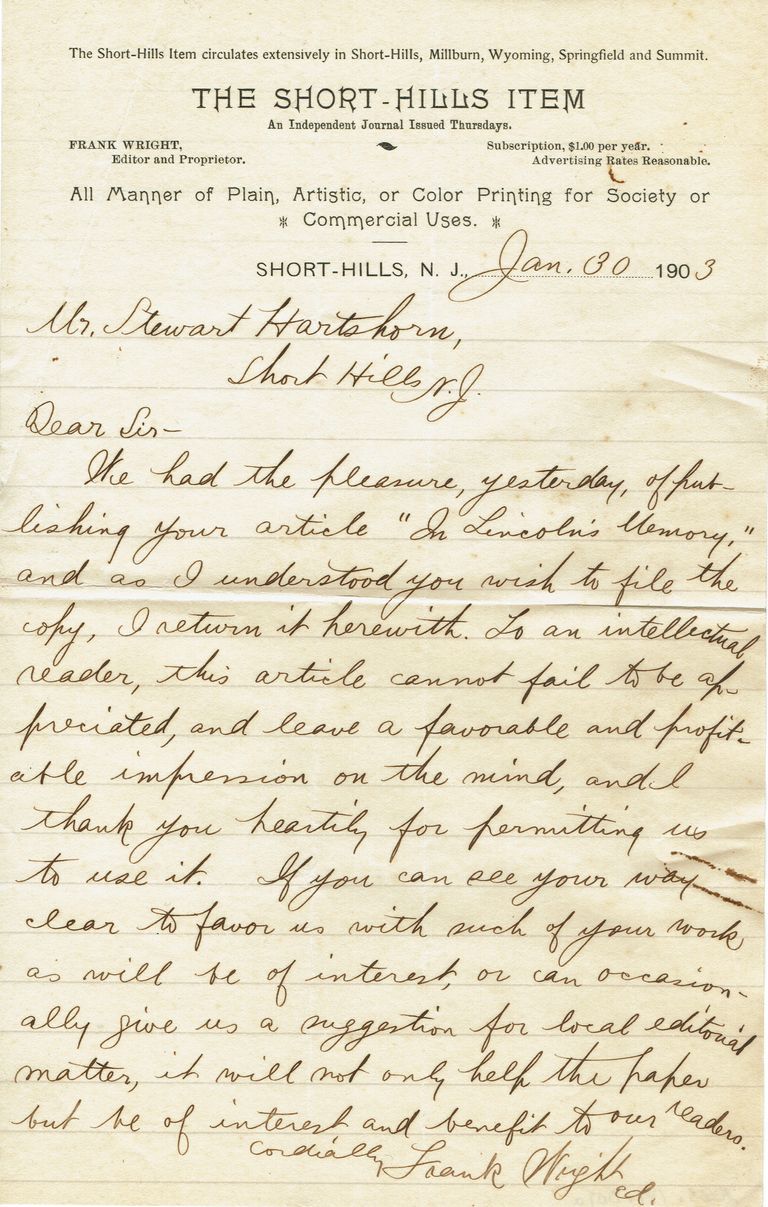          Hartshorn: In Lincoln's Memory Manuscript, 1903 picture number 1
   