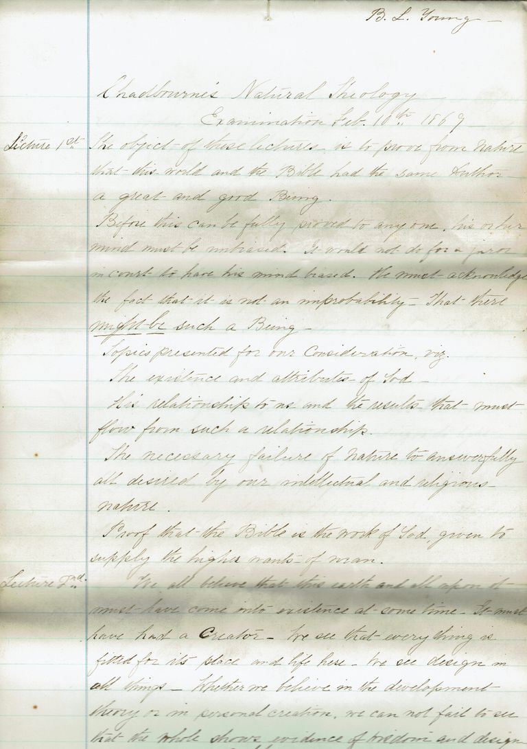          Kellogg: Bessie L. Young (Kellogg) Theology Examination, 1869 picture number 1
   