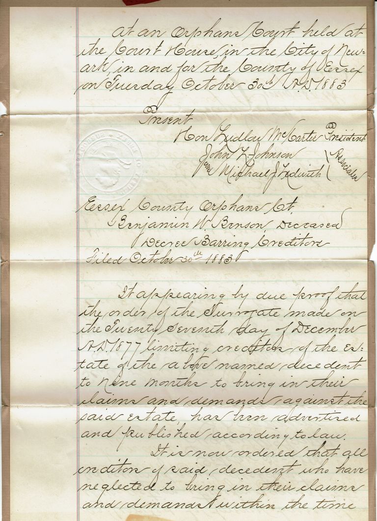          Brison: Benjamin W. Benson Estate Documents, 1883 picture number 1
   