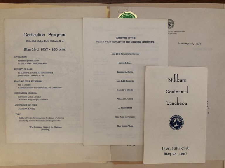          Dedication program for White Oak Ridge Park, White Oak Ridge Park Shade Tree Commission & Recreation Commission Information, Program of Millburn Centennial Luncheon, Program for The Friday Night Concert of the Millburn Centennial, Letter from J.D. Clark to Mr. W.B. Gero, Letter from W.B. Gero to William C. Decker, Letter from William Van Note to W.G. Gero, Letter from W.B. Gero to William Van Note, Newspaper Article 