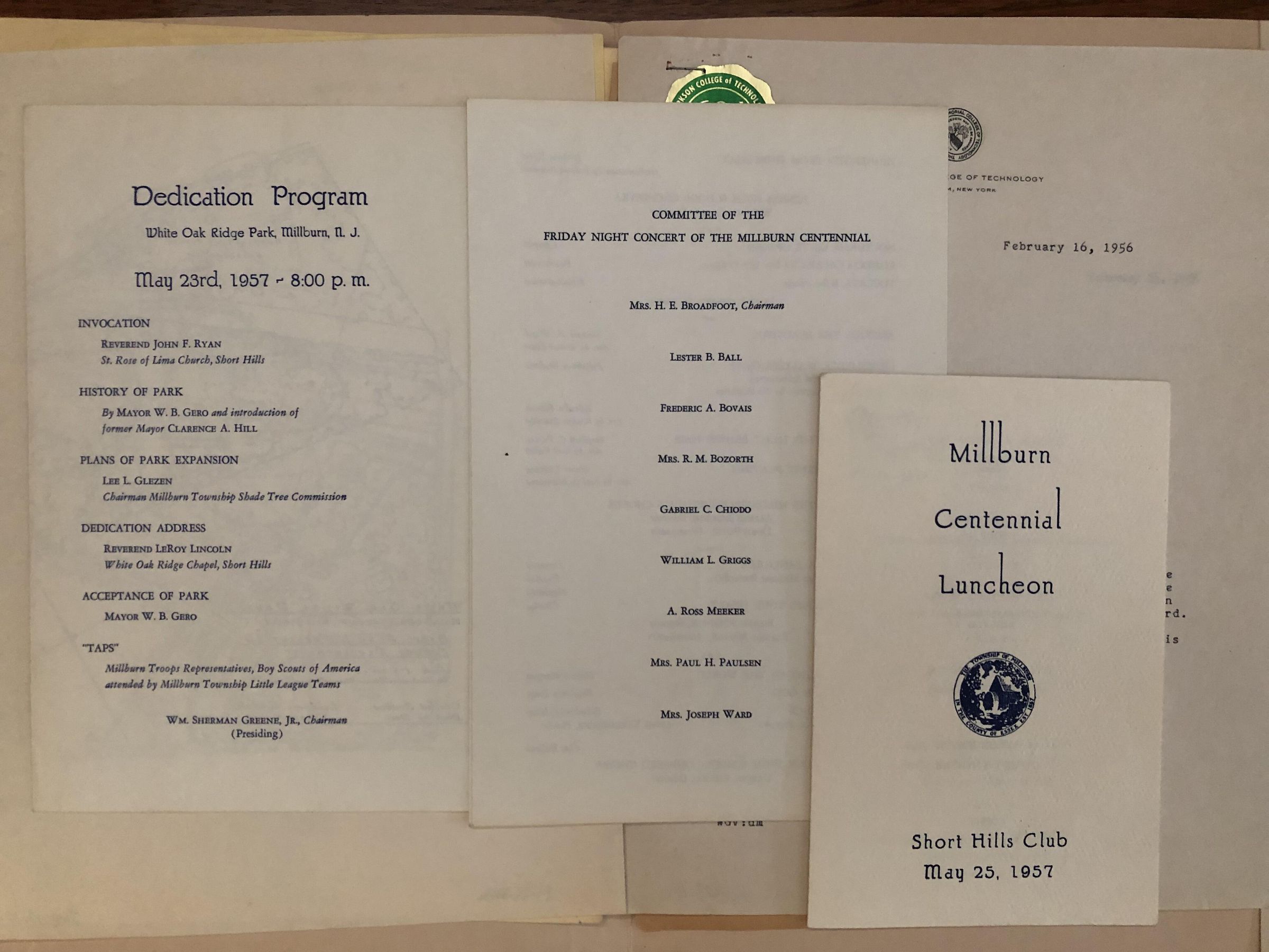 Dedication program for White Oak Ridge Park, White Oak Ridge Park Shade Tree Commission & Recreation Commission Information, Program of Millburn Centennial Luncheon, Program for The Friday Night Concert of the Millburn Centennial, Letter from J.D. Clark to Mr. W.B. Gero, Letter from W.B. Gero to William C. Decker, Letter from William Van Note to W.G. Gero, Letter from W.B. Gero to William Van Note, Newspaper Article "Gero is honored by Planning Board," List of names of those with Tickets to Reviewing Stand