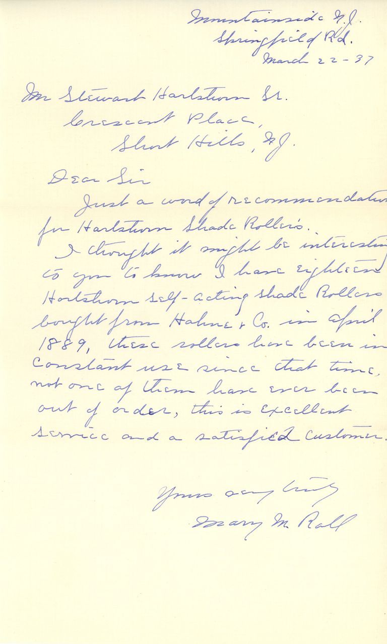          Hartshorn: Customer Letter Praising Shade Rollers, 1937 picture number 1
   