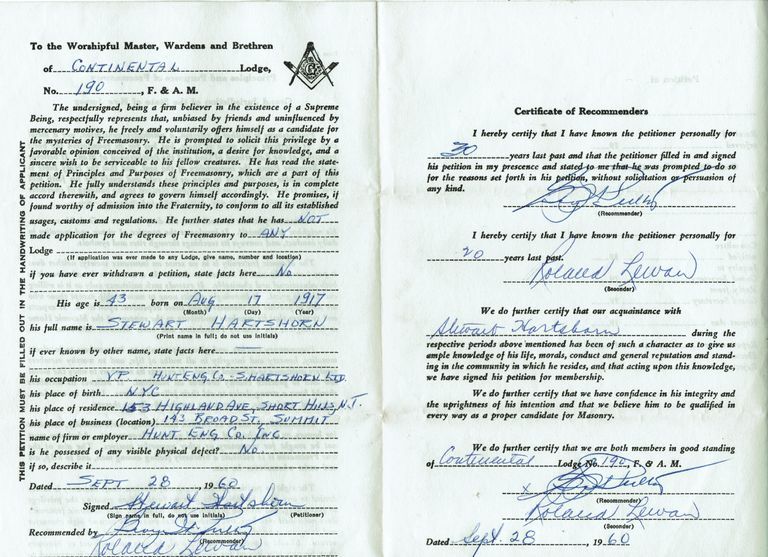          Hartshorn: Stewart Hartshorn Application to Freemason Lodge, 1960 picture number 1
   