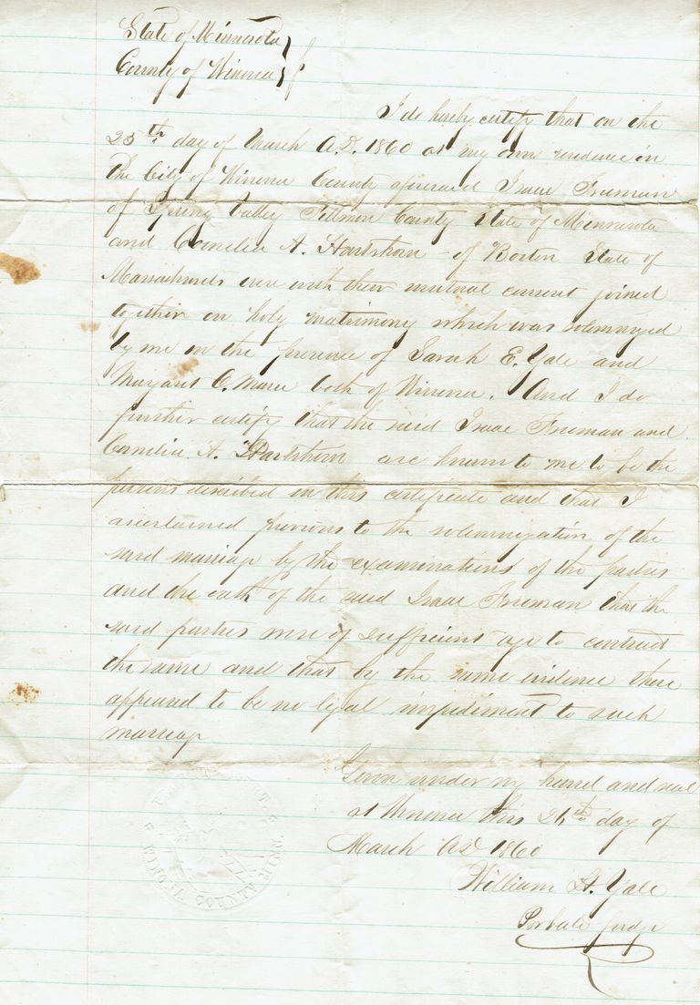          Harshorn: Cornelia Hartshorn Marriage Certificate, 1860 picture number 1
   