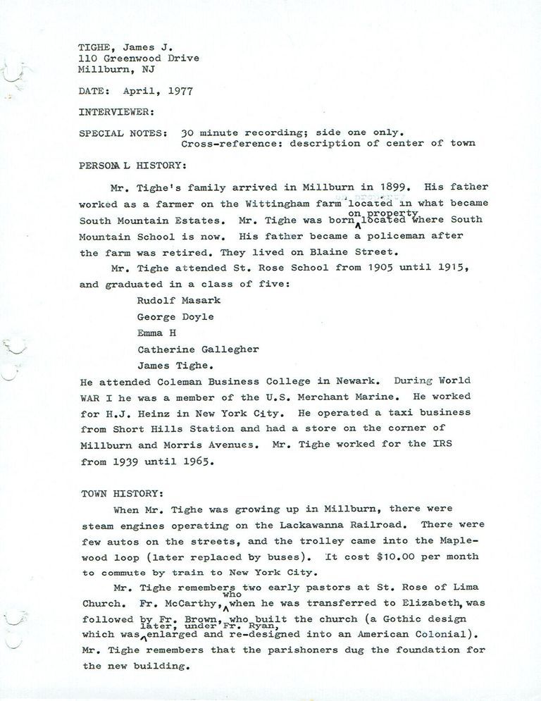          Short Personal History with a description of the center of town, when tighe was young; 2 pages
   