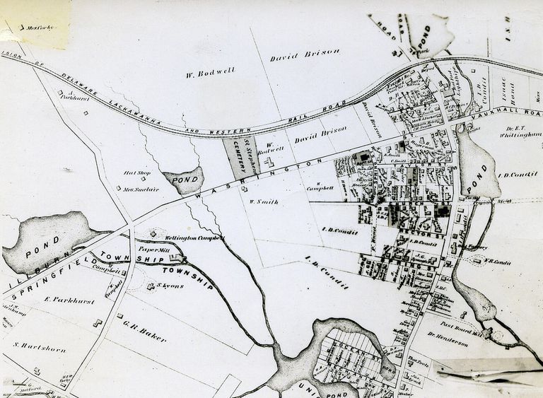          Map covering Millburn Center from North of the Railroad Tracks , South to Springfield and from Morris Turnpike on the West to near present day Holmes Street on the East.; Image Id #335
   