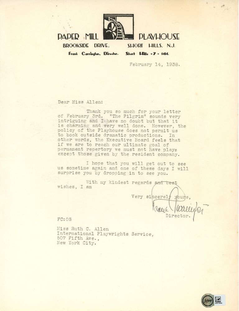          Paper Mill Playhouse: Frank Carrington Letter to Ruth Allen, 1938 picture number 1
   