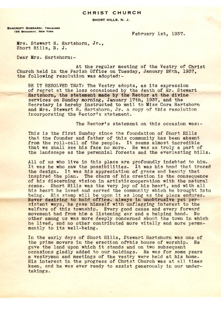          Hartshorn: Christ Church testimonial issued following the death of Stewart Hartshorn, February 1, 1937 picture number 1
   