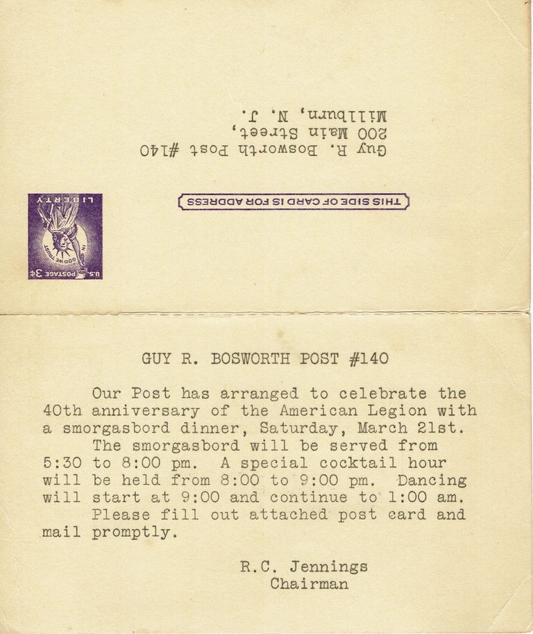          Guy R. Bosworth Post #140: Invitation to 40th Anniversary Dinner, 1959 picture number 1
   