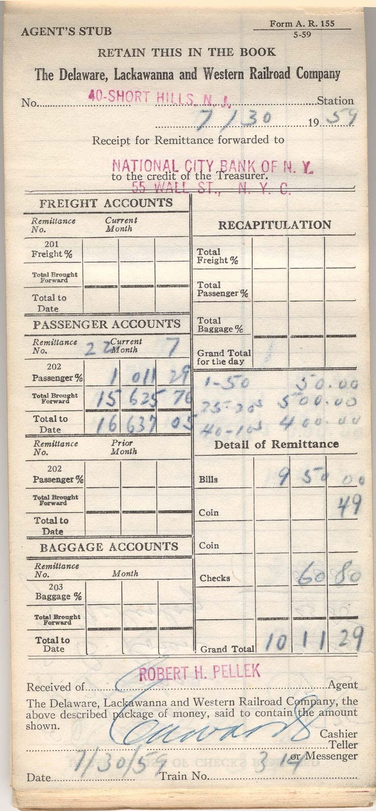          Short Hills Ticket Agent Book from 1959
   