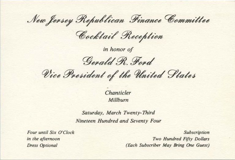          Chanticler Restaurant: Invitation to NJ Republican Finance Committee Event for Gerald Ford, 1974 picture number 1
   