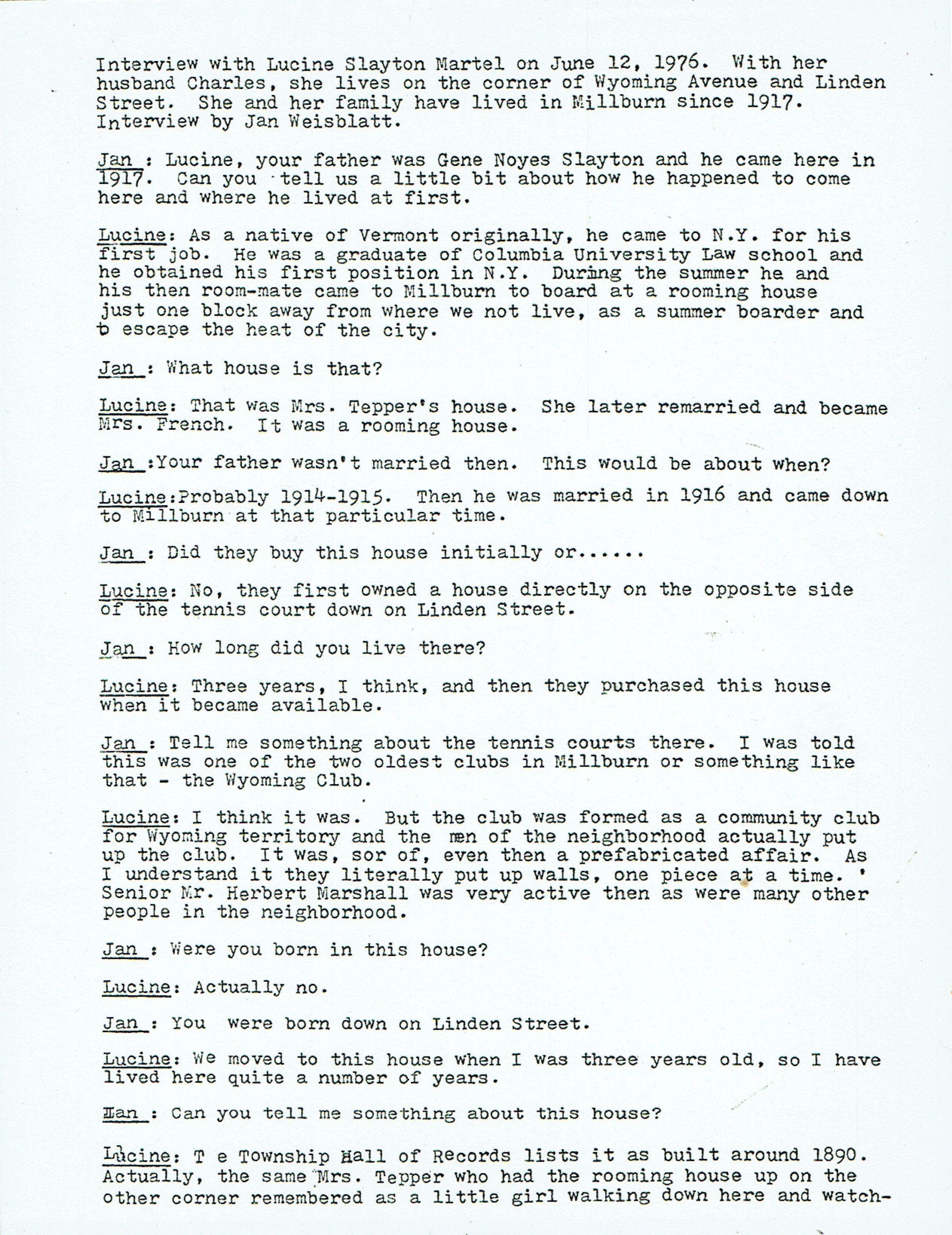 Louisew & Charles Martel lived at Wyoming & Linden: 5-page interview.