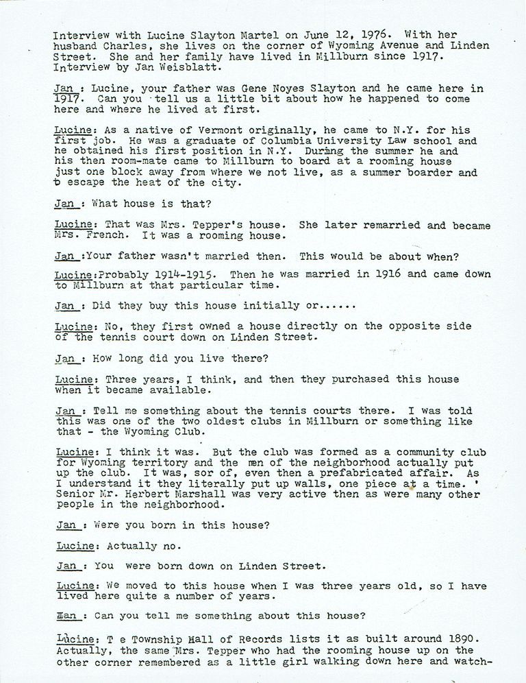          Louisew & Charles Martel lived at Wyoming & Linden; 5-page interview.
   