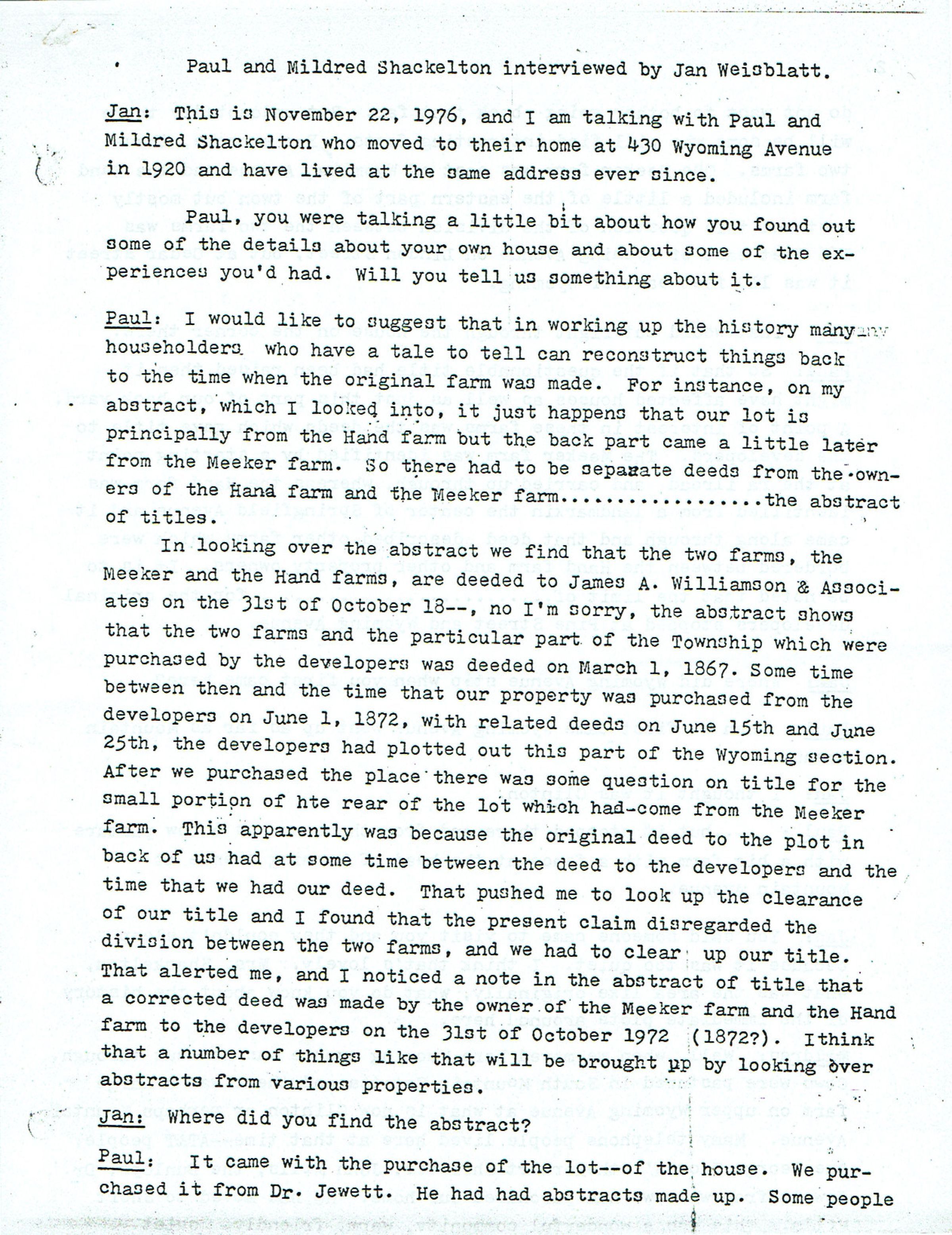 Shackleton's lived at 430 Wyoming Avenue from 1920-the date of the interview.: 5 page interview.