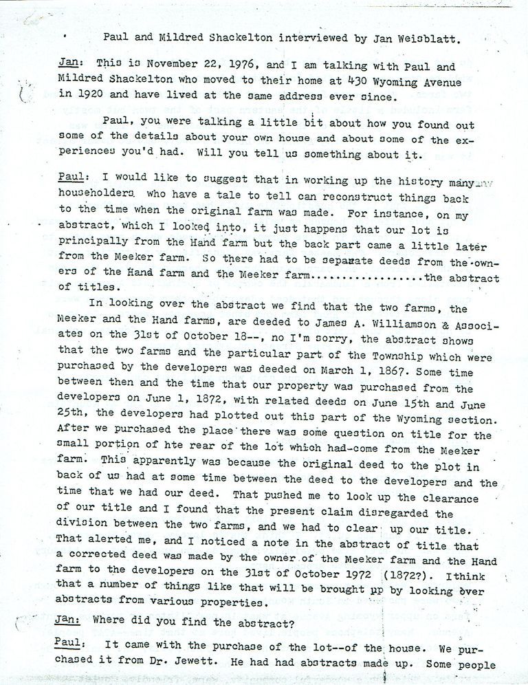          Shackleton's lived at 430 Wyoming Avenue from 1920-the date of the interview.; 5 page interview.
   