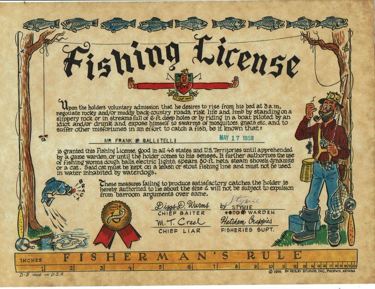          One of two humorous Fishing Licenses issued to Frank Gallitelli
   