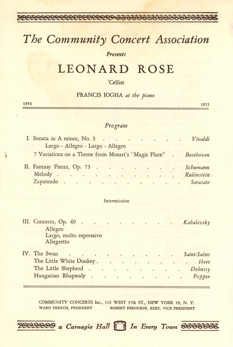          Community Concert Association: Leonard Rose Program and Articles, 1954 picture number 1
   