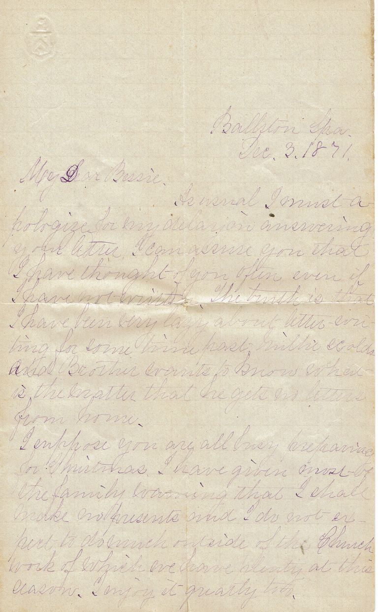          Kellogg: Letter to Bessie Kellogg dated Ballston Spa, December 3, 1871 picture number 1
   