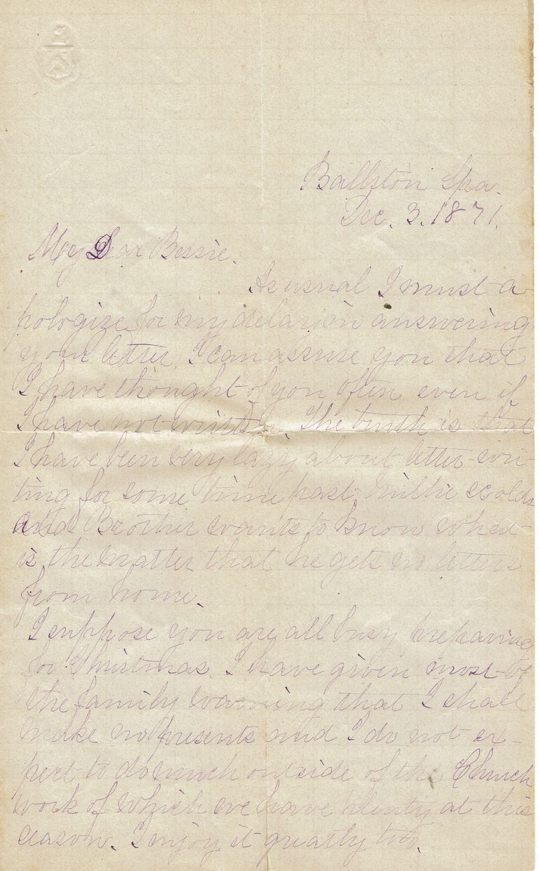          Kellogg: Letter to Bessie Kellogg dated Ballston Spa, December 3, 1871 picture number 1
   