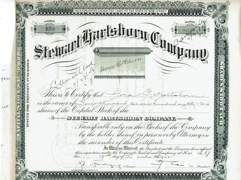         Hartshorn: Cora Hartshorn's Cancelled Stewart Hartshorn Company Stock Certificate, 1948 picture number 1
   