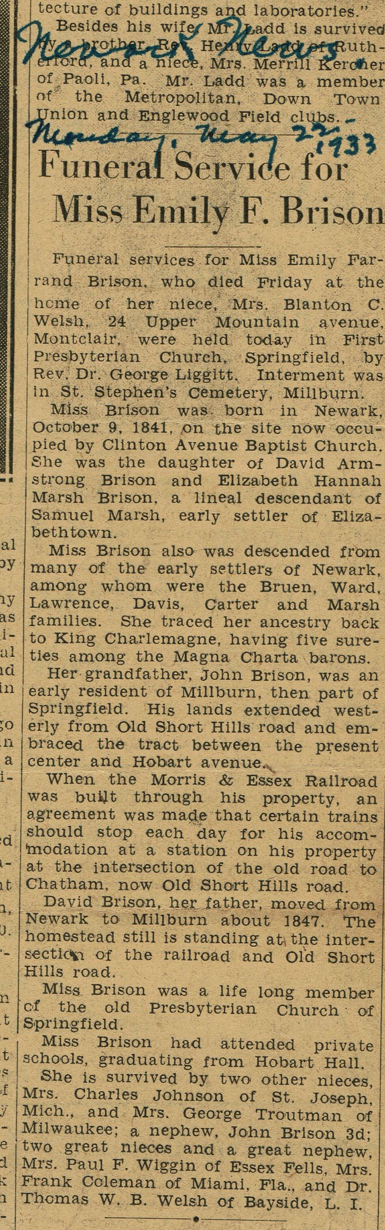          Brison: Emily Brison Obituary, Newark News, 1933 picture number 1
   