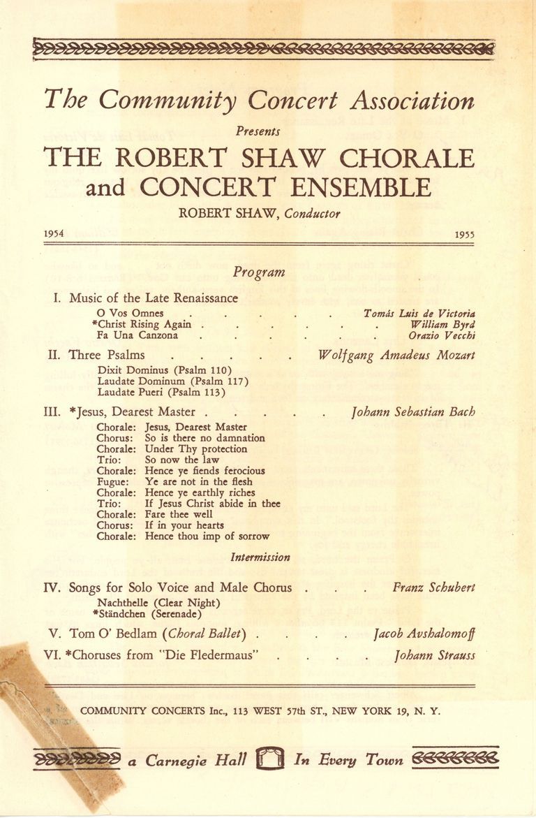          Community Concert Association: Robert Shaw Chorale Program and Articles, 1955 picture number 1
   