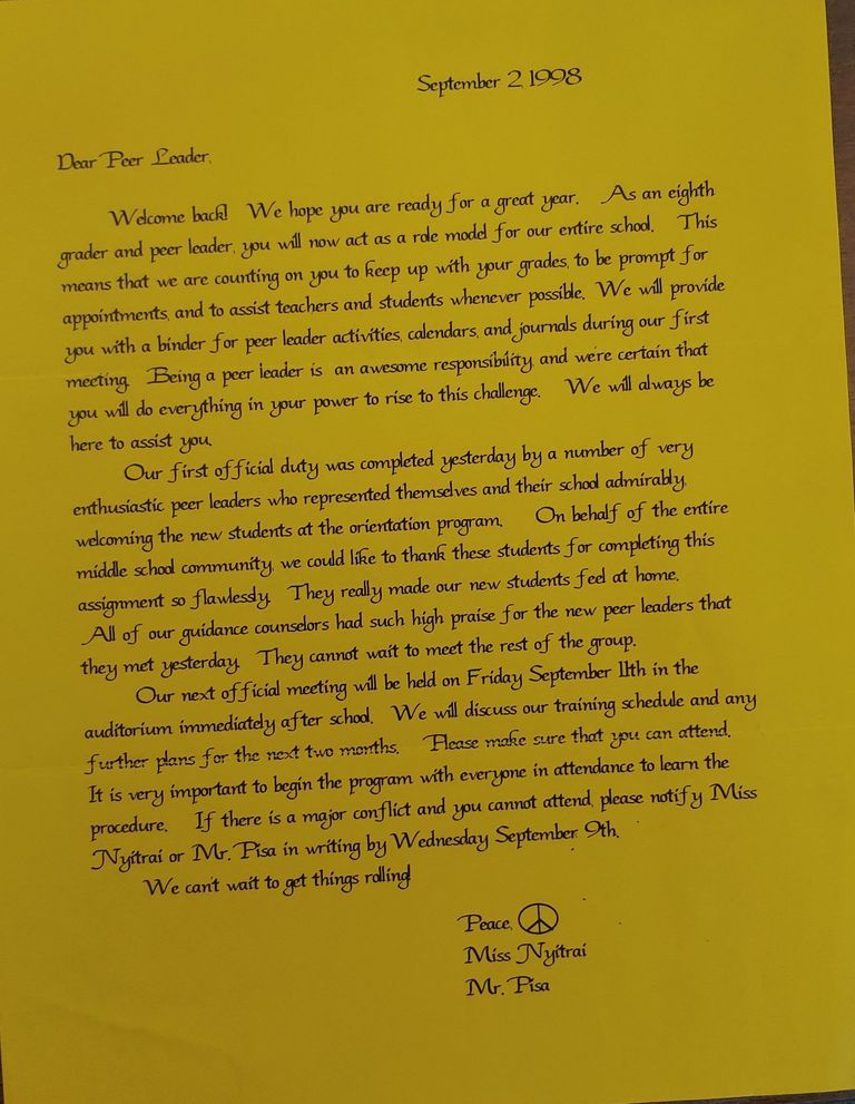          Millburn Middle School: Peer Leader Welcome Letter - 9/2/1998 picture number 1
   