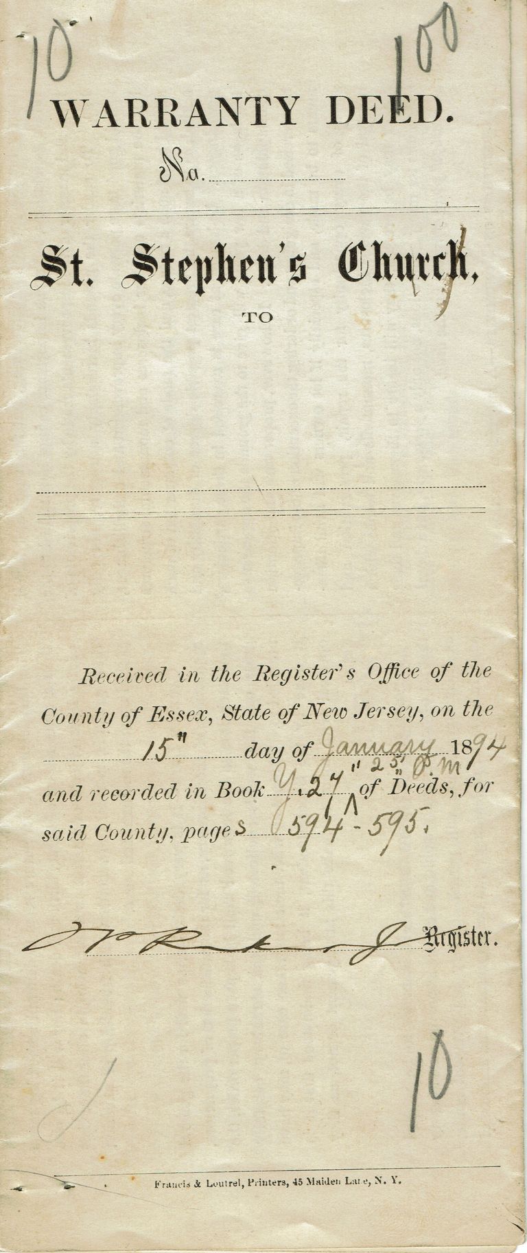          Partington: Deed to Jane Partington's Burial Plot at St. Stephen's Cemetery, 1894 picture number 1
   