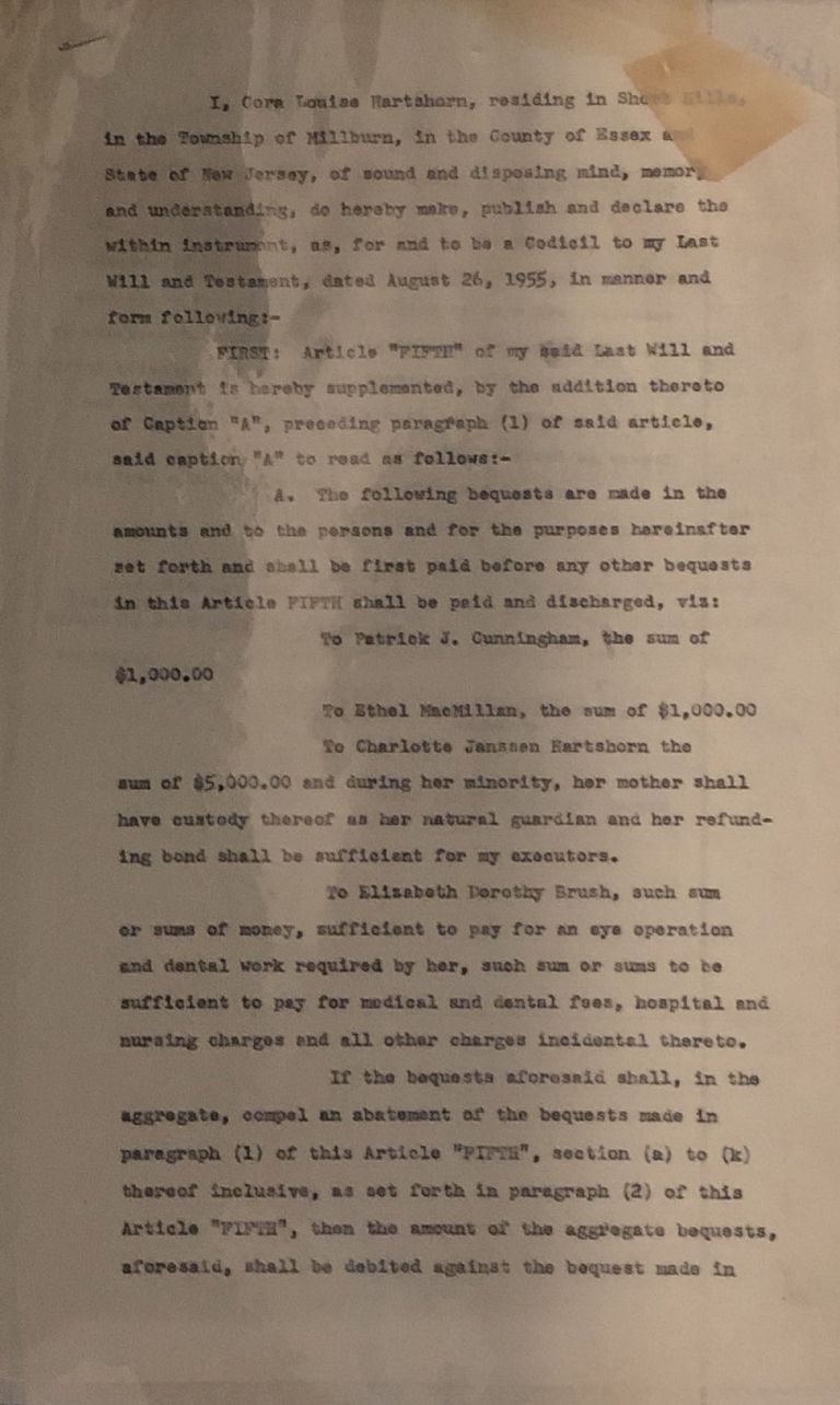          Hartshorn: Cora Hartshorn's Will, Unsigned Typed Copy picture number 1
   